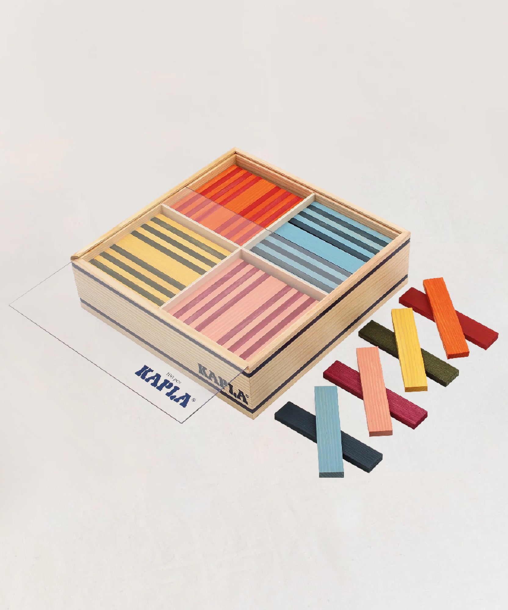 The KAPLA 100 Octocolor Case features colorful planks neatly sorted by color in a wooden box, with extra planks placed outside.