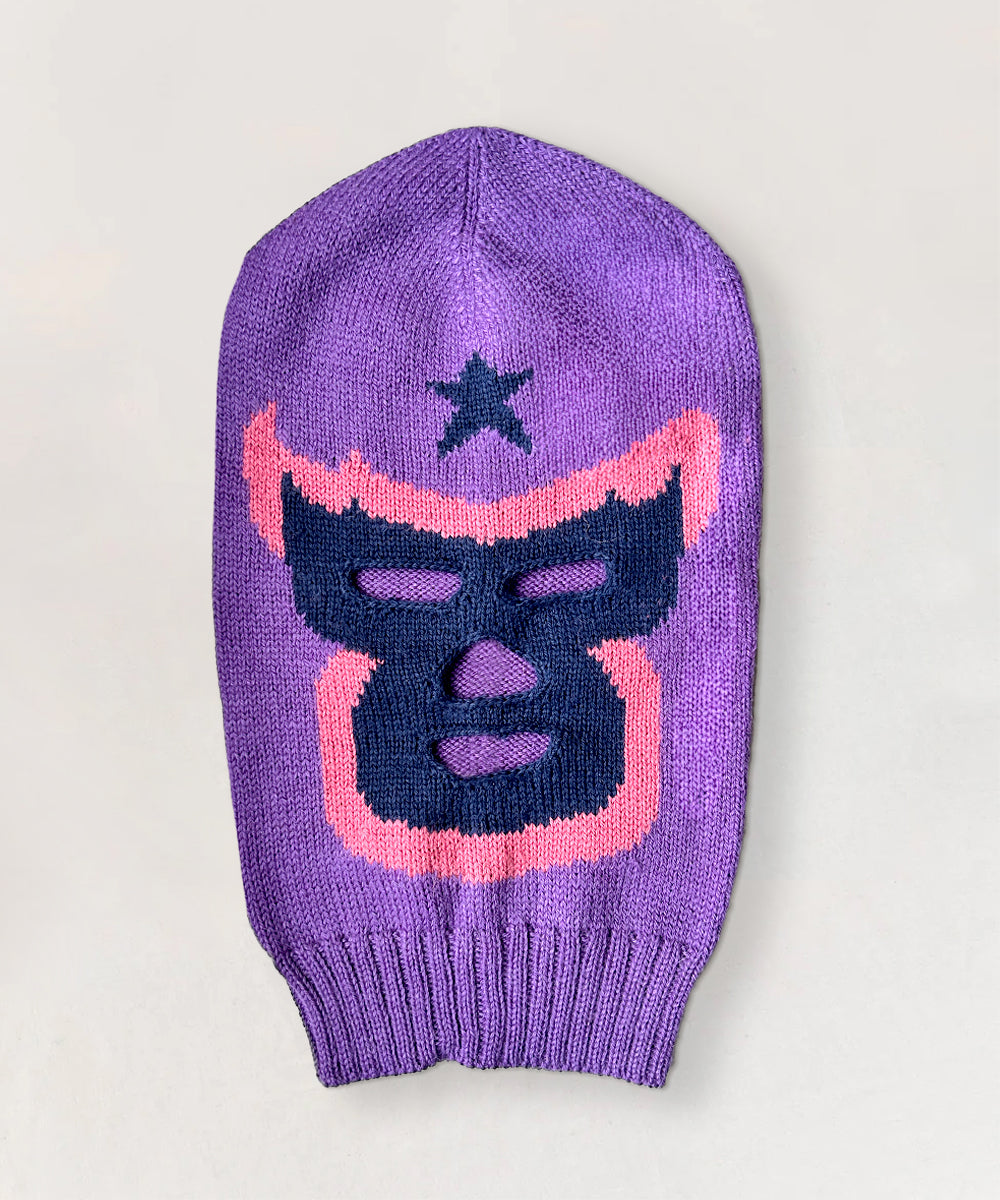 Purple knit Luchador Mask with black and pink design plus a star above the eye holes.