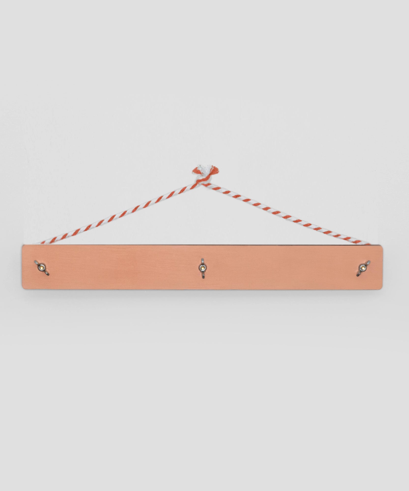 Flower Drying Kit: Wooden wall rack with three hooks, hung by a red and white striped rope knotted at the ends.