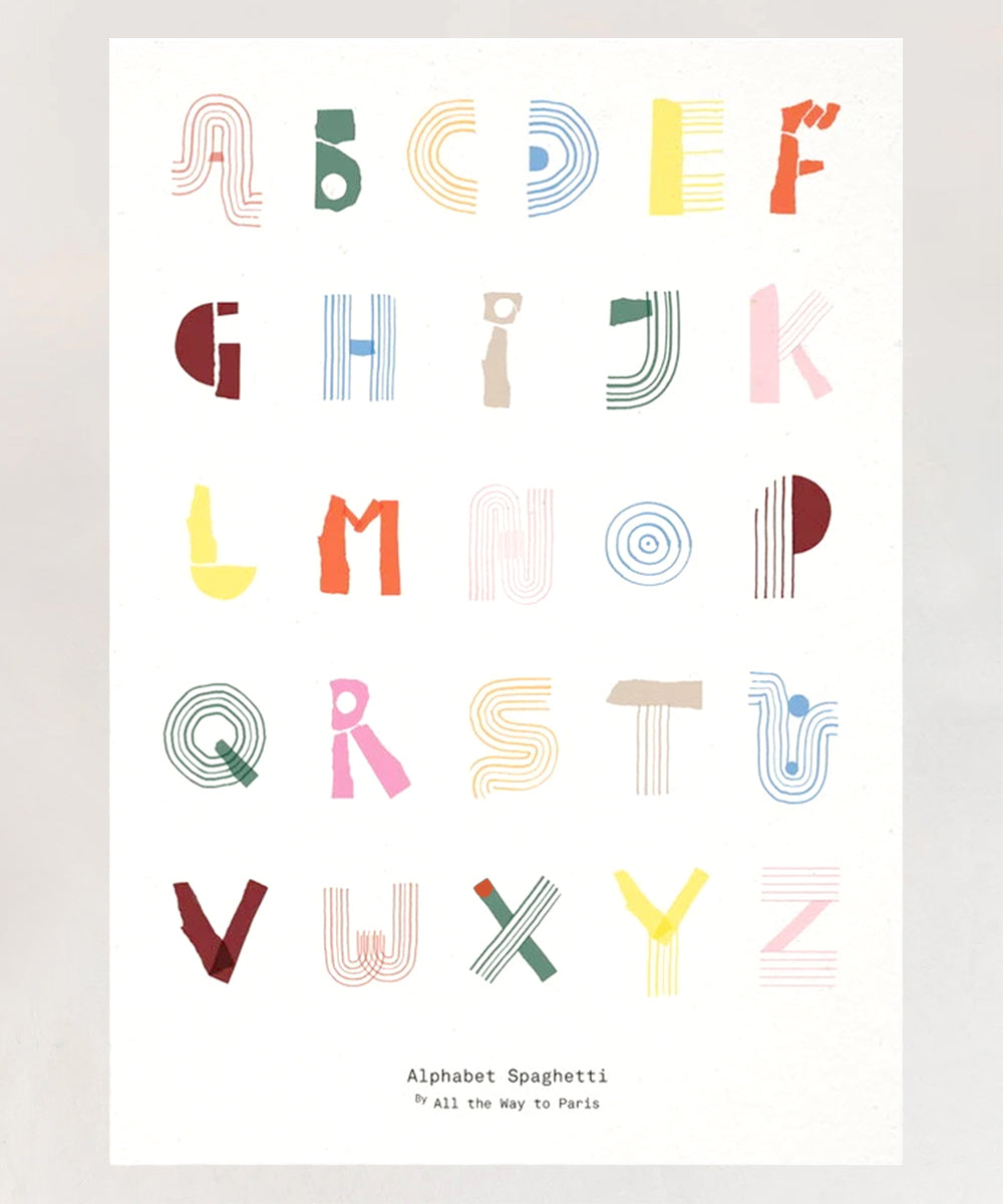 Le Alphabet Spaghetti Poster features colorful illustrated alphabet letters in various styles on a white background.