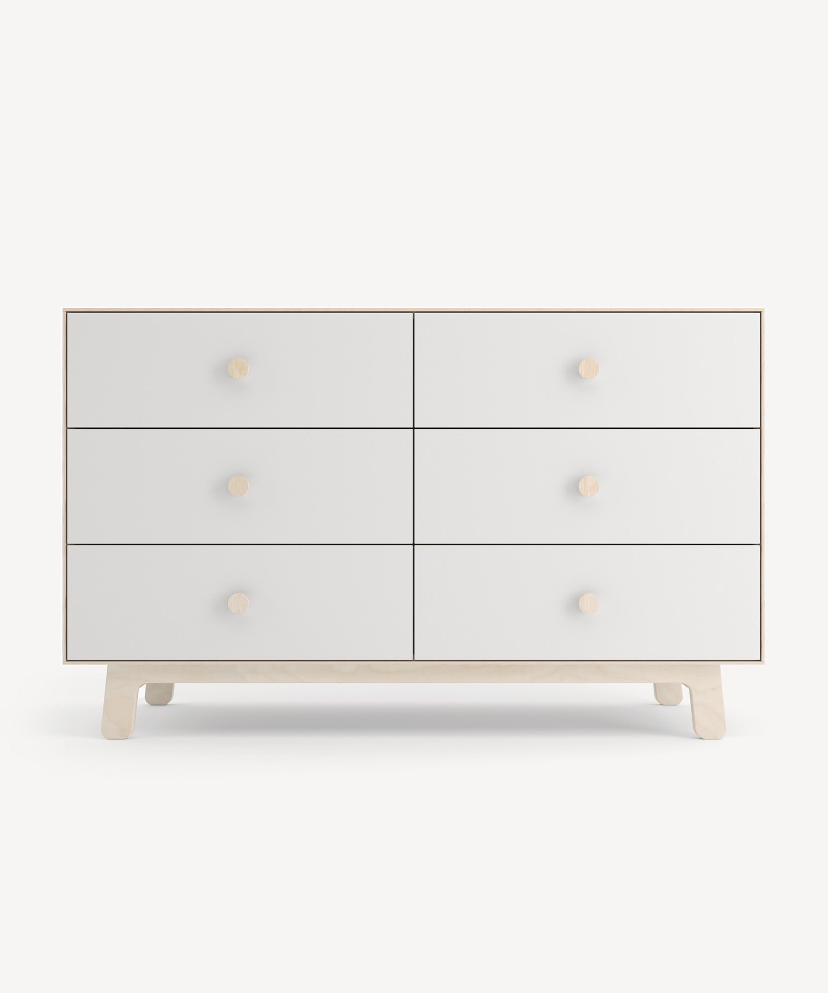 Sparrow 6-Drawer Dresser with wooden knobs and legs on a light background.