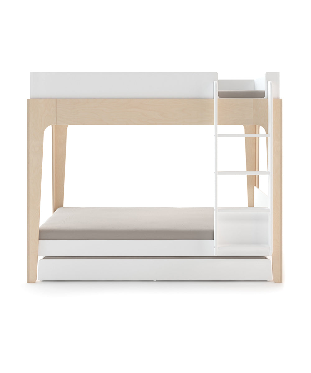 Wooden bunk bed with white accents, ladder, and a drawer; includes space for a Trundle Mattress.