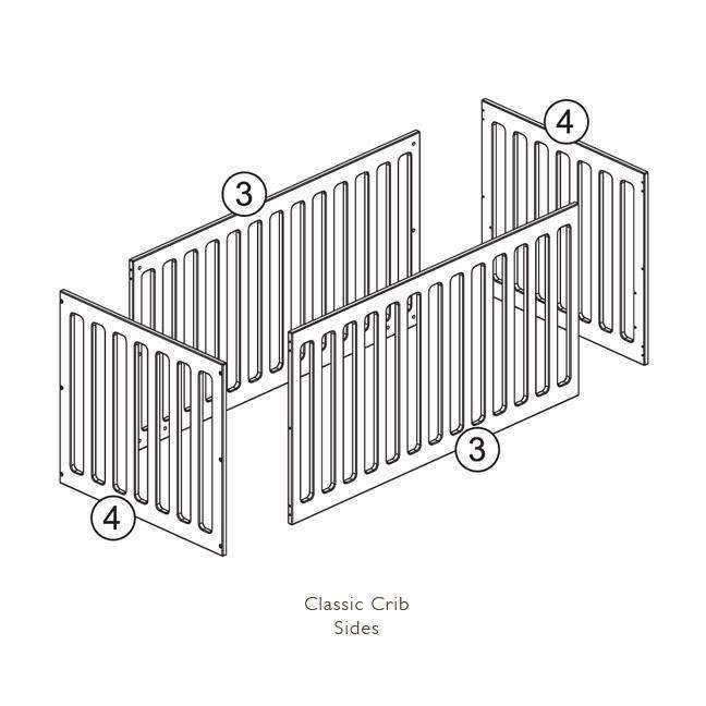 Illustration of Classic Crib Sides assembly with four panels labeled as parts 3 and 4.