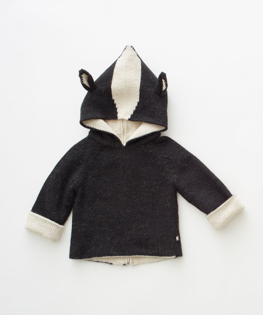 Skunk Hoodie for kids, featuring ears and contrasting hood stripes, displayed flat on a white surface.